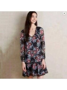 Maeve Anthropologie swing Trapeze Dress black floral tiered Boho Large